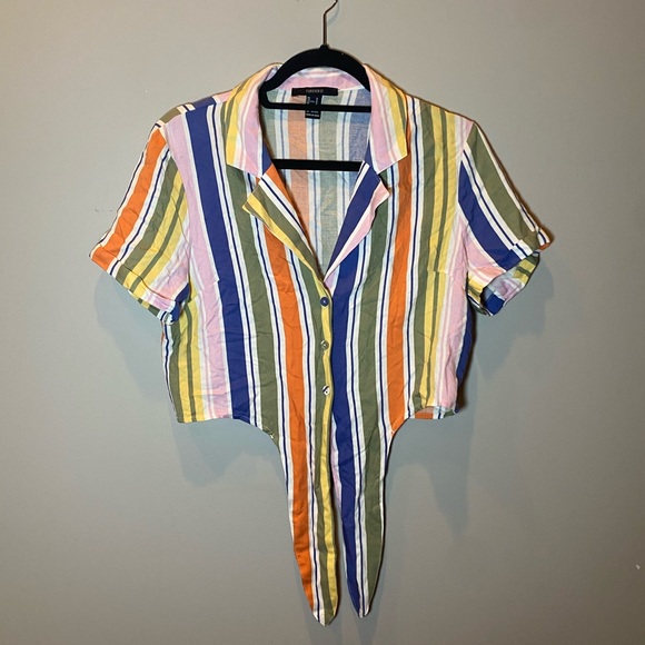 NWOT Forever 21 Colorful Striped Self Tie Button Down - Picture 3 of 7